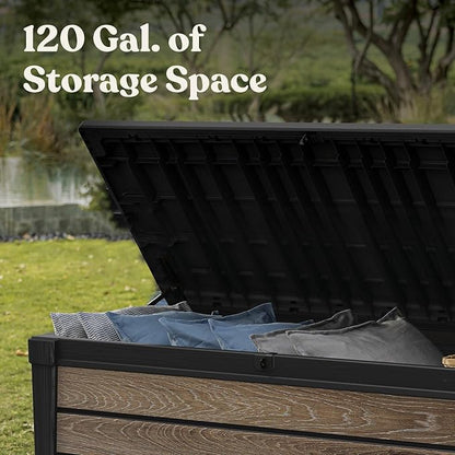 Keter Everwood 120 Gallon Resin Signature Collection Large Outdoor Storage Box for Patio Furniture, Outdoor Cushions, Garden Tools and Pool Gear, Walnut