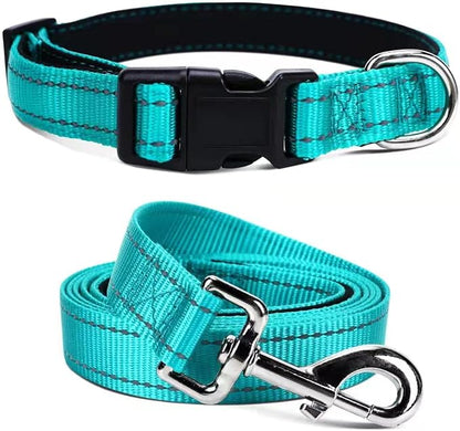 Soft Neoprene Padded Dog Collar and Leash Set for Small Medium Large Dogs, Reflective Durable Nylon Dog Collar with 5ft Leash Easy for Walking, Teal,Neck fit 10.5-15.5’’