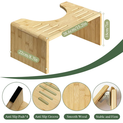 CUXFLS 7" Bamboo Toilet Stool - Foldable Non-Slip Step for Adults & Kids, Sturdy Squatting Stool for Healthy Posture, Space Saving Bathroom