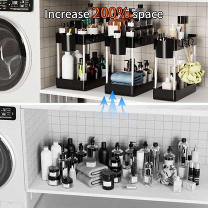 3 Pack Under Sink Organizers and Storage, 2 Tier Bathroom Cabinet Organizer Shelf with Hanging Cups for Kitchen & Bathroom (White)