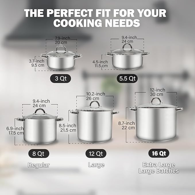 Cook N Home Basics 12 Quart Stainless Steel Stock Pot with Lid, Cooking Pot for Pasta, Stockpot with Sturdy Handle, Soup Pot with Even Heating, Oven & Dishwasher Safe, Cookware for Canning, Boiling