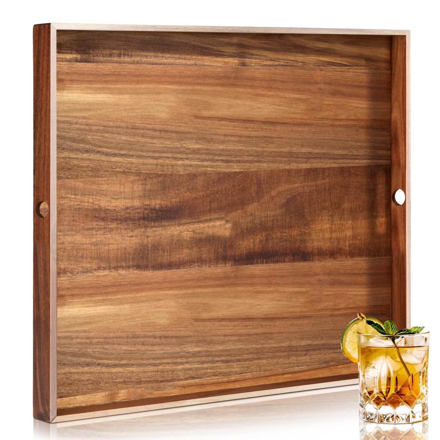 RattanView 24 Inch Extra Large Square Ottoman Table Tray with Handles Large Acacia Wood Serving Decorative Ottoman Wood Tray for Kitchen Coffee Sofa Table Organizer Storage Topper