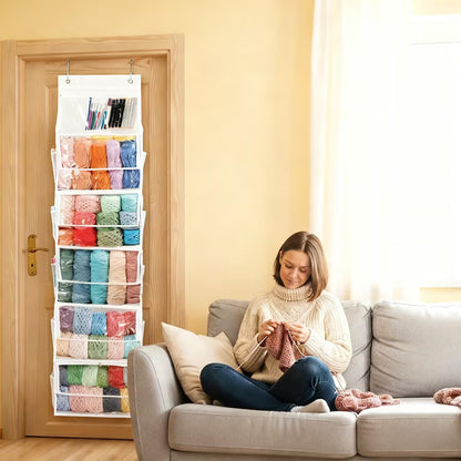 Bounlgsr 6 Large Hanging Yarn Storage Organizer with Double Zippers,10 Side Pockets, Large Capacity Knitting Needle Organizer, Over Door Yarn Organizer for Knitting Needles and Yarn