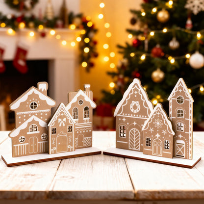 APUDWN Christmas Gingerbread House Table Decoration Wooden Gingerbread House Set with 6 Mini Houses and 2 Bases for DIY Farmhouse Holiday Display, Rustic Xmas Tabletop Centerpiece for Desk or Shelf