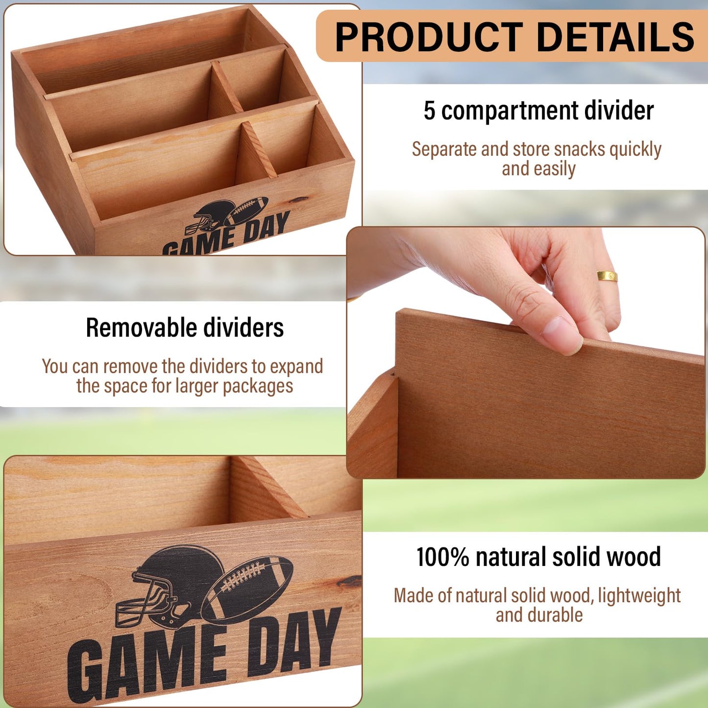 Colingmill Football Game Day Snack Tray, Wooden Reusable 5 Compartment Gift Basket Organizer, Popcorn Bucket Bowl Box for Game Day Party, Family Room, Home Theater, Sports Night Decorations