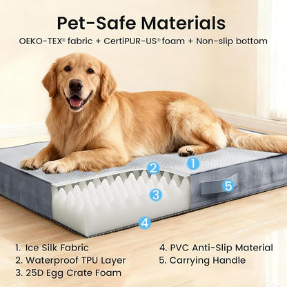 OhGeni Orthopedic Cooling Dog Bed for Large Dogs, Cooling Mat with Machine-Washable Removable Cover in Easy-Clean Fabric, High Density Foam & Easy-Carry Handle, Summer Pad, 44 inch (Gray)
