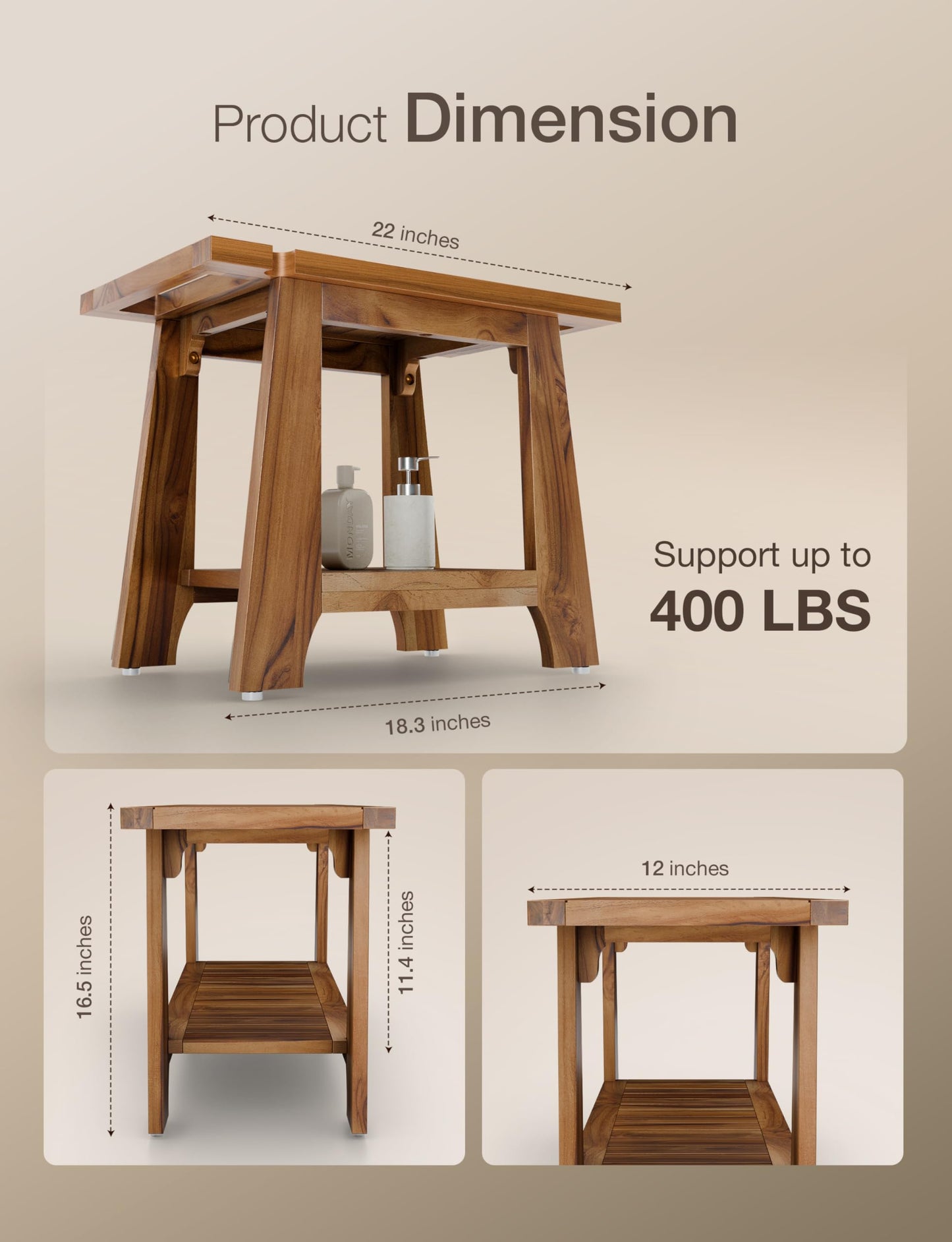 Tinamo 22”L Teak Shower Bench for Inside Showers -400Lbs Capacity-Teak Shower Stool, Wooden Bathroom Bench, Shower Chair for Inside Shower with Handle, Teak Shower Bench, Wood Bench with Shower Holder