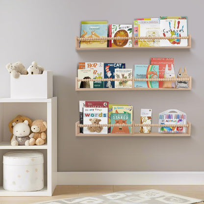 birola Nursery Book Shelves for Kids Rooms - 32 Inches Wall Book Shelves Set of 3, Space-Saving Nursery Shelves with Beads Design for Kids Room, Bedroom and Study Room(Natural)