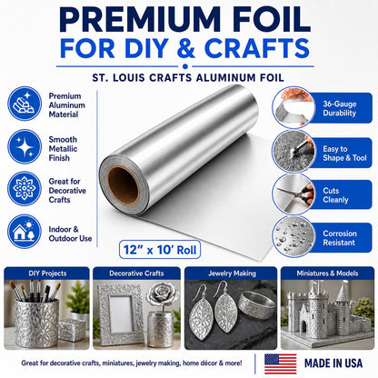 St. Louis Crafts Aluminum Metal Foil Roll, 36 Gauge, 12" x 10', Durable Foil for DIY and Crafting Projects