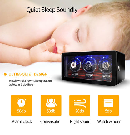 Oryx 3 Watch Winders for Automatic Watches Wooden Rotating Watch Box 15 Rotation Modes Setting Display Case with LED Light, AC or USB Powered Super Quiet Mabuchi Motor
