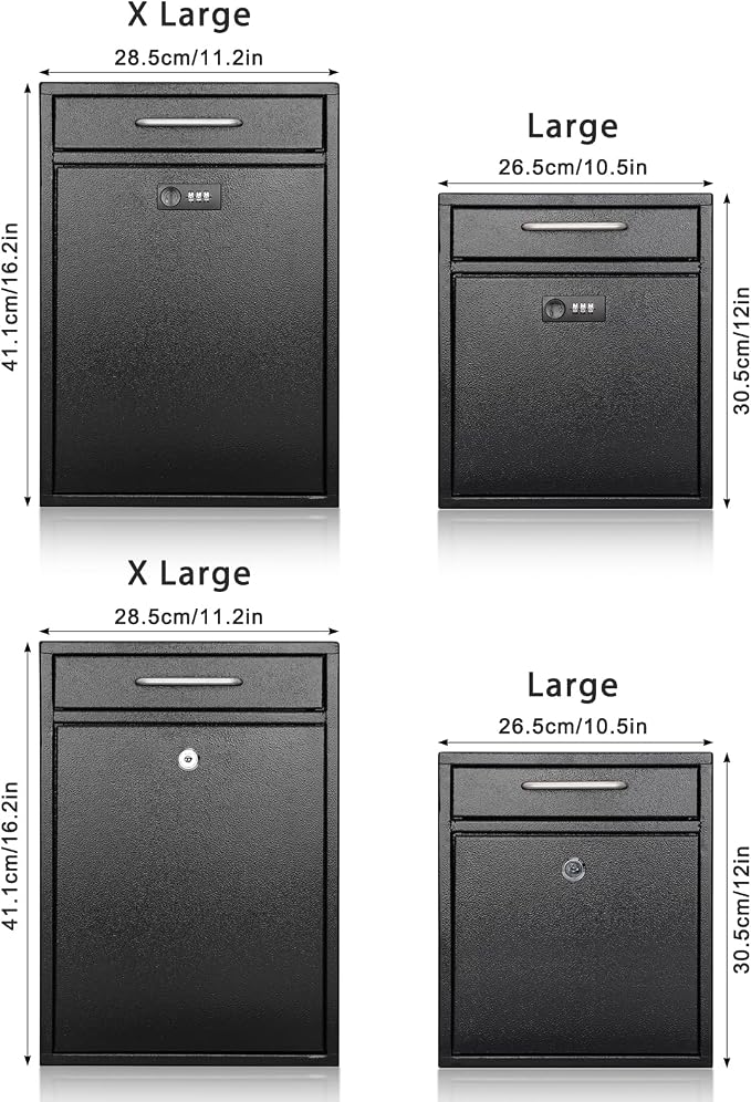 KYODOLED Steel Key Lock Mail Boxes Outdoor, Locking Wall Mount Mailbox, Security Lock Drop Box, Collection Boxes for Home, Office or Commercial,16.2H x 11.2L x 4.6W Inches, Black X Large