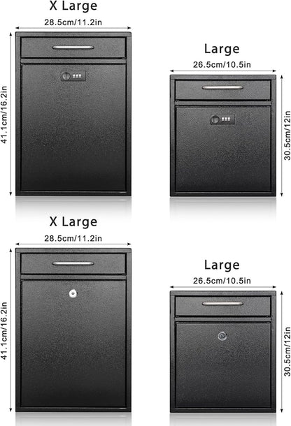 KYODOLED Steel Key Lock Mail Boxes Outdoor, Locking Wall Mount Mailbox, Security Lock Drop Box, Collection Boxes for Home, Office or Commercial,16.2H x 11.2L x 4.6W Inches, Black X Large