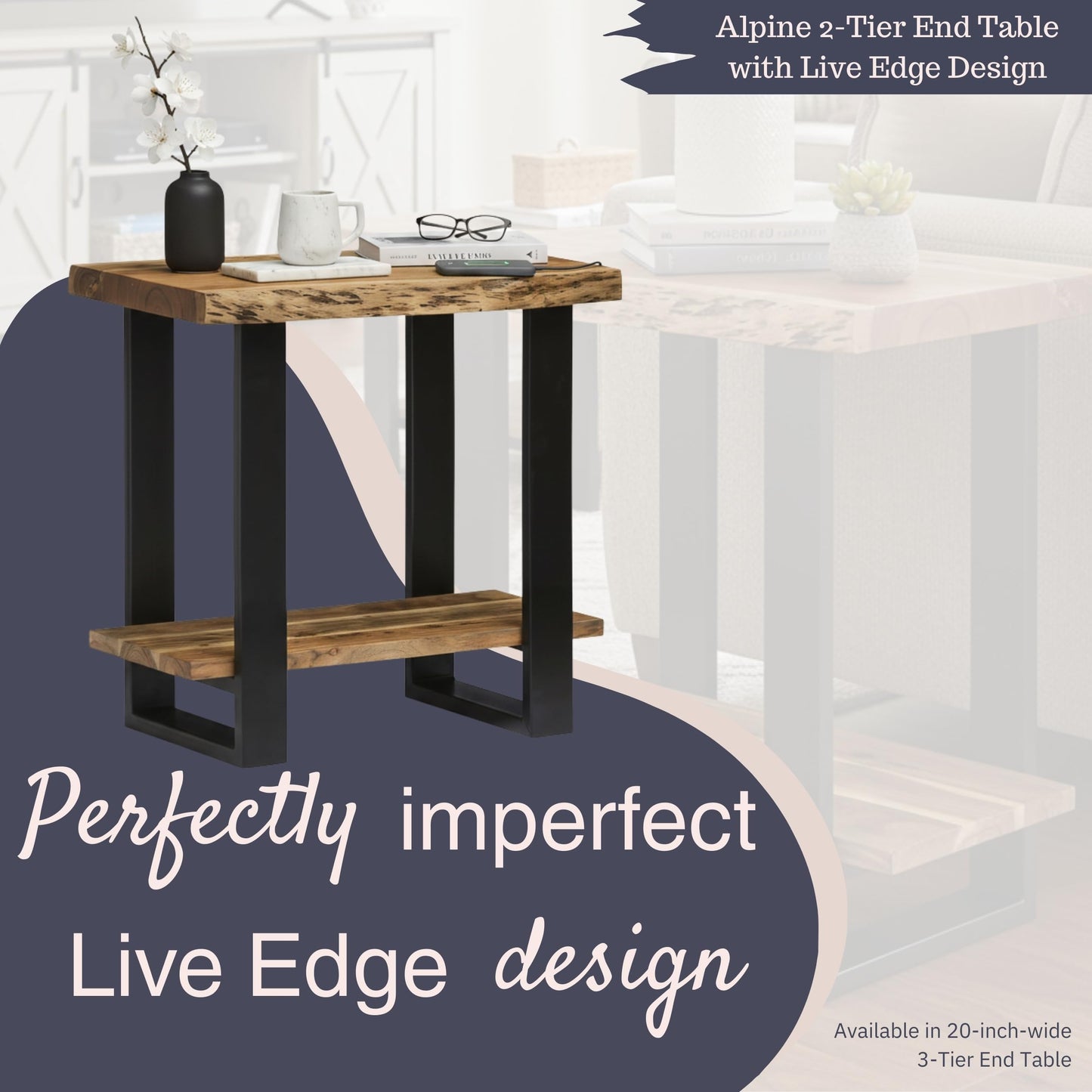 Alaterre Furniture Alpine Live Edge Modern End Table - 2-Tier Narrow Side Table with Open Storage Shelf - Solid Wood and Metal Modern Nightstands for Living Room or Bedroom (Natural)