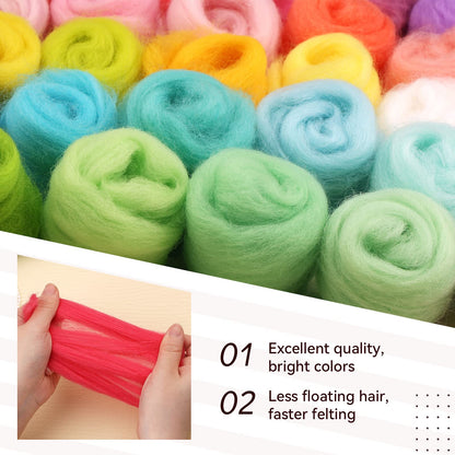JUPEAN 96Pcs Needle Felting Wool 10.4 oz Wool Roving Yarn Needle Felting Kit with 4-Layer Transparent Storage Box for DIY Hand Spinning and Creations, 3g/Color
