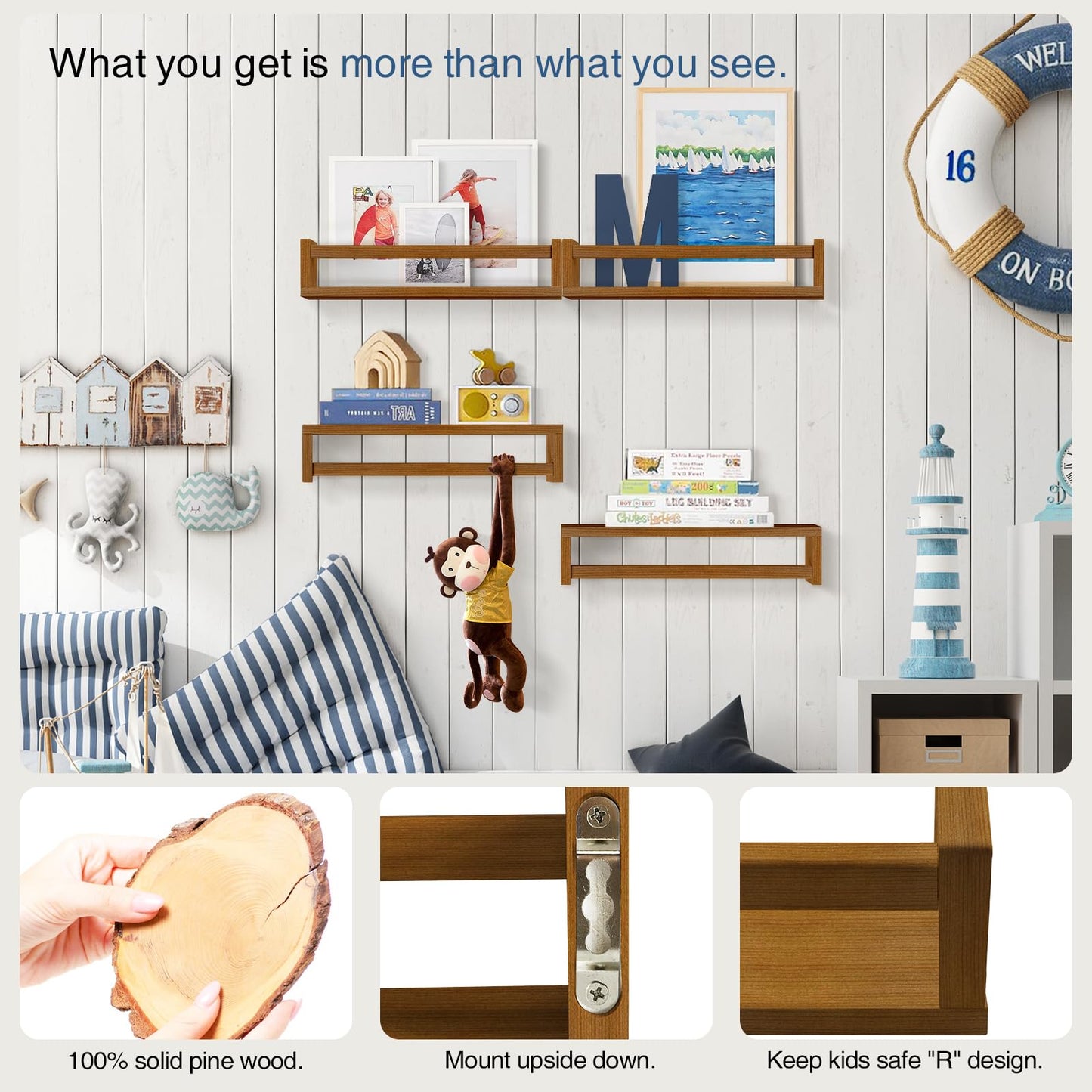 Forbena Dark Wood Nursery Kids Bookshelf Wall Mounted, Wooden Floating Nursery Book Shelves for Wall, Hanging Kids Bookshelves for Toddler Baby Room Bedroom Bathroom (Solid Pine, Walnut Brown, 4 Pack)