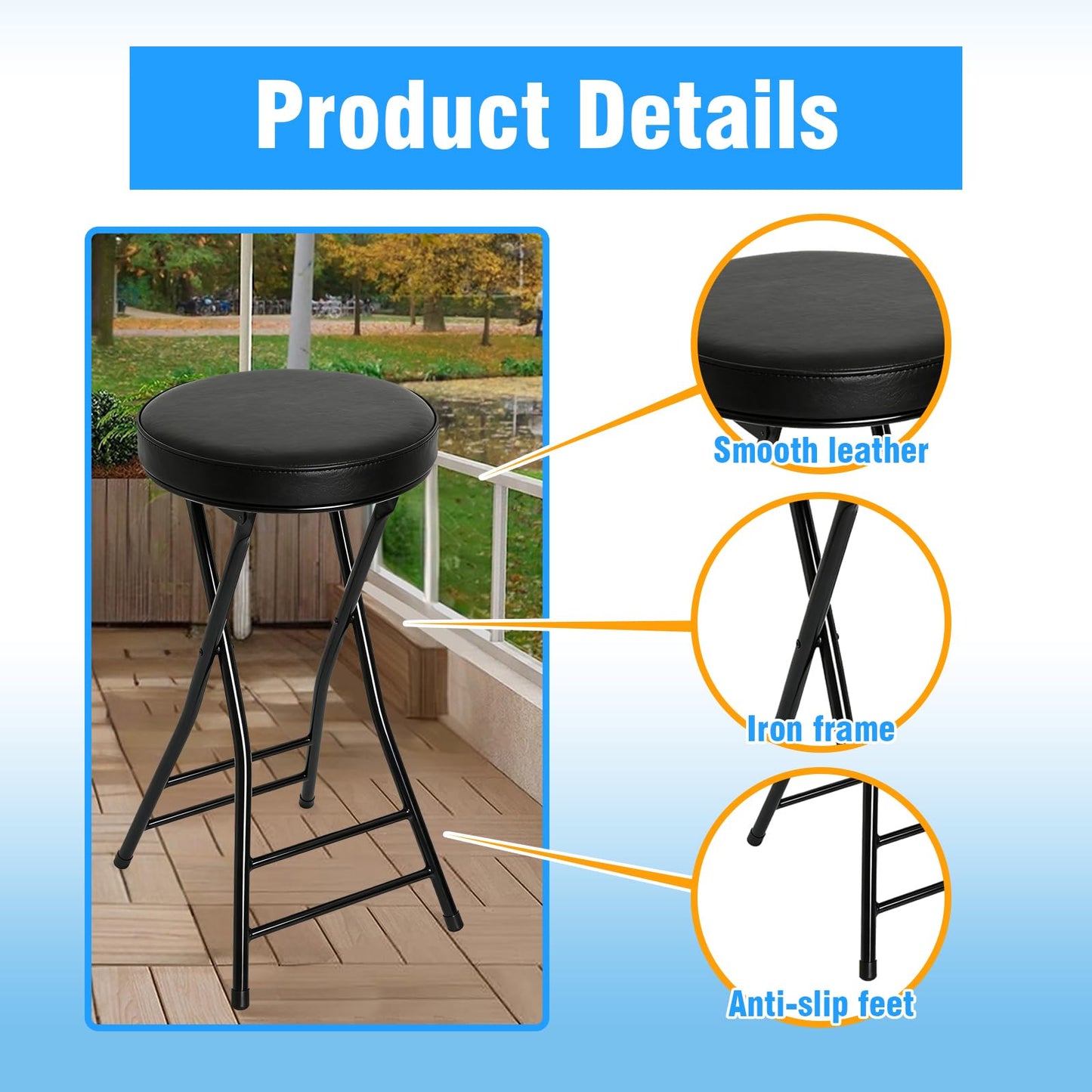 Puclekne Folding Bar Stool,24 Inch Tall Foldable Stool Chair,Counter Height Cushioned Leather Padded Portable Stools,Heavy Duty Collapsible Stools for Kitchen Island Garden Camping Brown