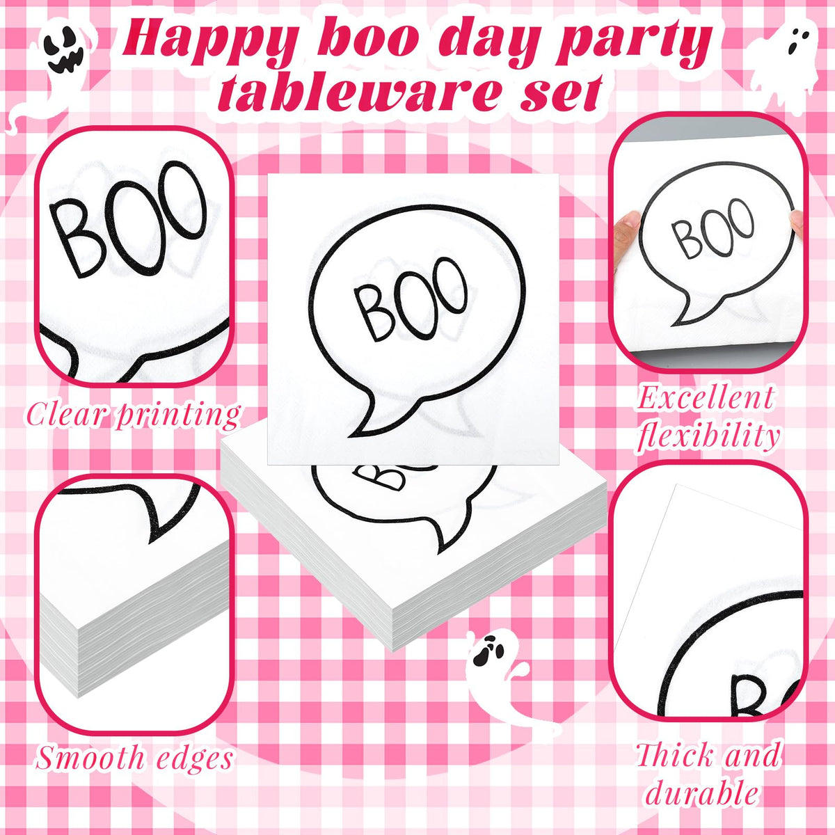 Yungyan 144 Pcs/24 Set Summer Halloween Paper Plates and Napkins Boo Ghost Plates Pink Cups with Forks and Knife Halloween Party Tableware Set for Spooky Birthday Party Decoration Boo Baby Shower