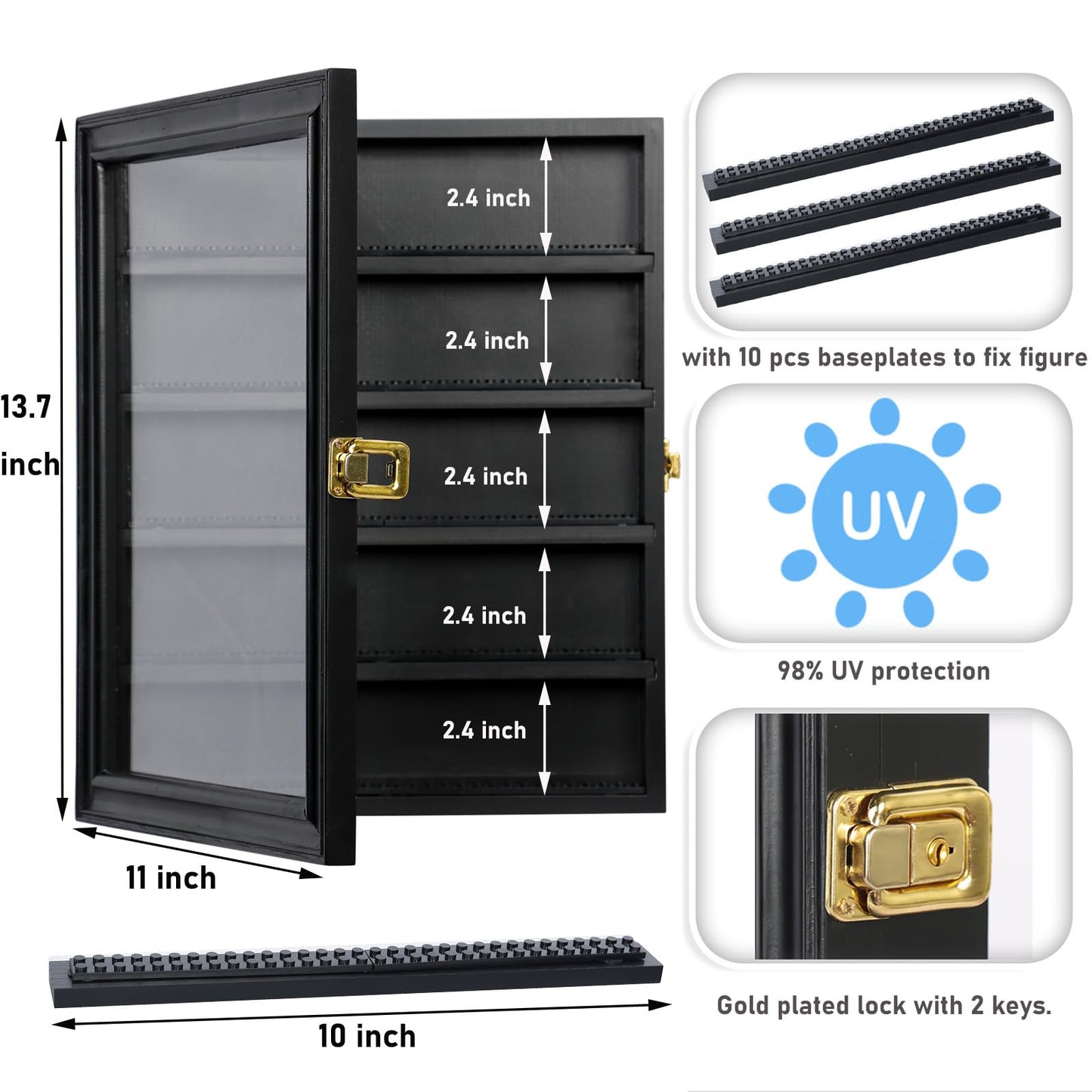 DuvinDD Display Case Wall-Mounted Lego Minifigure Display Case Floating Lego Shelves Wooden Display Cabinet with UV Protect Door, Lockable Dustproof Showcase Thimble Display Case