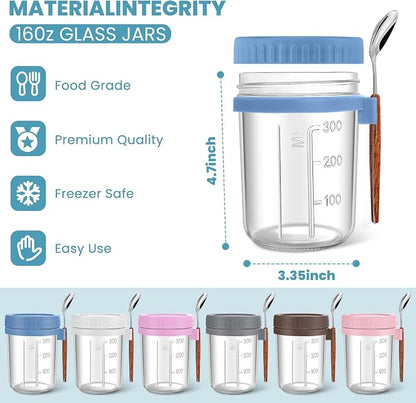 Overnight Oats Jars 16 oz with Lids & Spoons – 6 Pack Glass Mason Jars Airtight Meal Prep Containers for Yogurt, Cereal, Fruit – Leakproof, Stackable, Dishwasher Safe