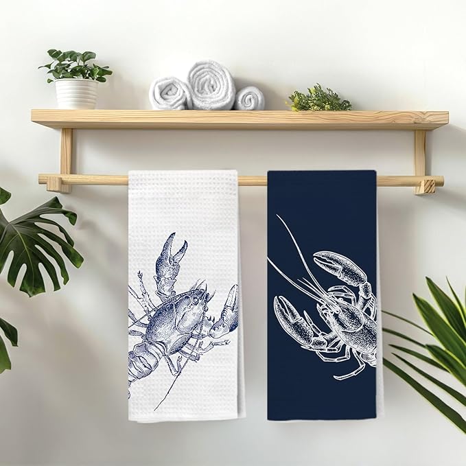 Vintage Lobster Coastal Beach Kitchen Towels, Nautical Dish Tea Towel Drying