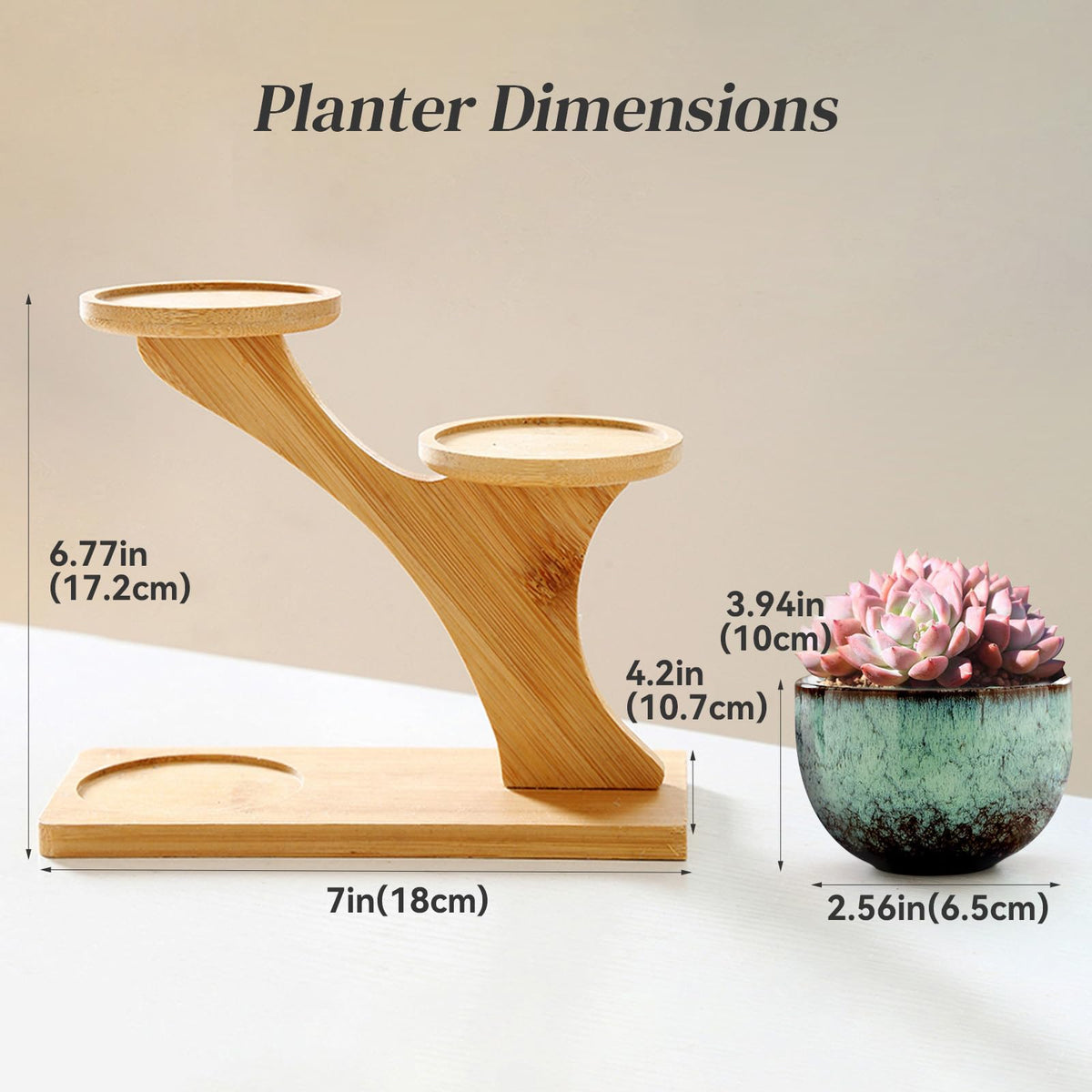 Jueison Succulent Pots with 3 Tier Bamboo Saucers Stand Holder Modern Decorative Ceramic Flower Pots with Drainage Mini Cactus Plant Pot Planters for Indoor Home Office Desk Garden Decor (#006)