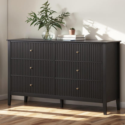 May in Color Black Fluted 6 Drawer Cabinet, Modern TV Console Table, Wood Entryway Table for Storage, Wooden Sideboard Cabinet for Bedroom, Hallway, Living Room