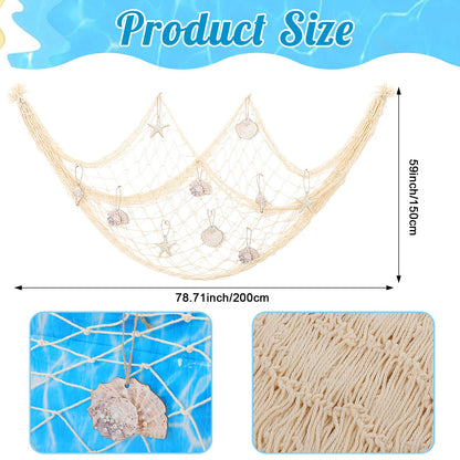 Breling 18 Pcs Fishing Net Decorative and Ocean Waves Tablecloth Set Cotton Fishing Net with Shells Starfish Conch Shells for Nautical Pirate Mermaid Sea Party Wall Decor(Beige)
