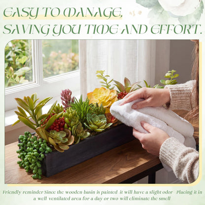 Canlierr Artificial Succulent Arrangement 16 Inch Faux Succulents Plants in Black Rectangular Wooden Pot Faux Potted Plants for Table Centerpiece Window Sill Greenery Decor