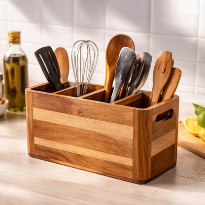 Paw-er Play Wooden Caddy Utensil Holder - Premium Acacia Wood Utensil Caddy with Sturdy Design for Easy Organization - Perfect Kitchen Utensil Organizer for Counters, Dining Tables, and Everyday Use