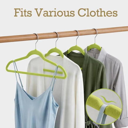 HOUSE DAY Vibrant Green Velvet Hangers 60 Pack, Non Slip Clothes Felt Hanger Heavy Duty for Coat, Premium Slim Space Saving Suit Hangers for Closet Organizer, 360° Rotating Silver Hook