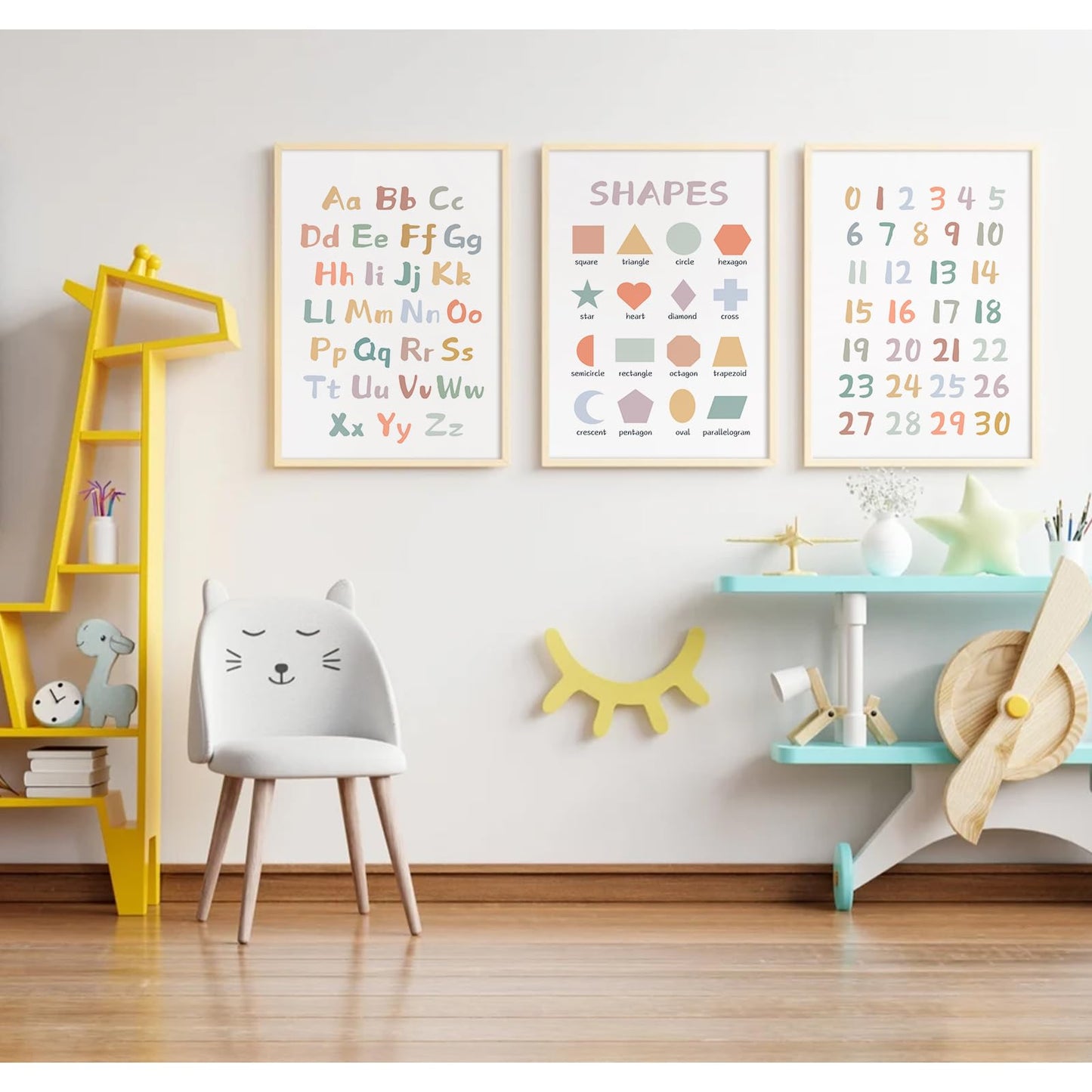 Kids Playroom Wall Art Decor Nursery ABC Alphabet Poster Play Room Canvas Wall Decor Toddler Childrens Educational Artwork Numbers Shapes Prints ABC Picture for Playroom 12x16 Inch Unframed Set of 3