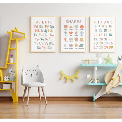 Kids Playroom Wall Art Decor Nursery ABC Alphabet Poster Play Room Canvas Wall Decor Toddler Childrens Educational Artwork Numbers Shapes Prints ABC Picture for Playroom 12x16 Inch Unframed Set of 3