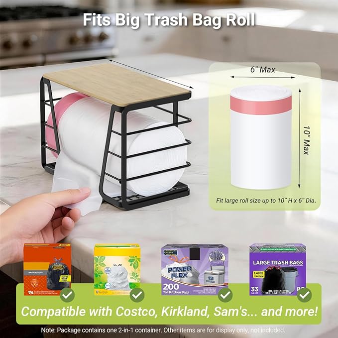 Trash Bag Dispenser 2 in 1 Under Sink Organizer, Large Garbage Bag Roll Holder with Bamboo Lid, Fits 13/30/33 Gal Bags, Open Back Storage for Tall Bottles, for Kitchen, Bathroom, Laundry Room(Black)