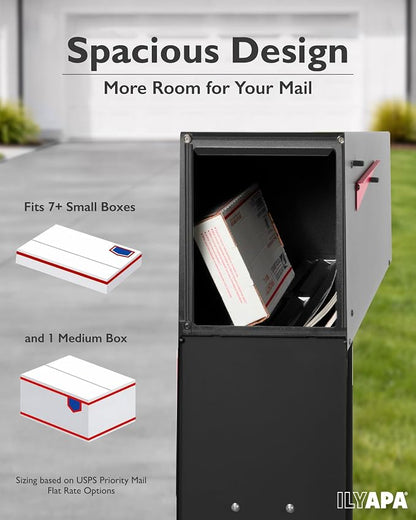 Ilyapa Modern Mailbox with Angle Design Post Mount - Gray Powder Coated Metal Mailbox with Black Door - Waterproof for Parcels, with Magnetic Door