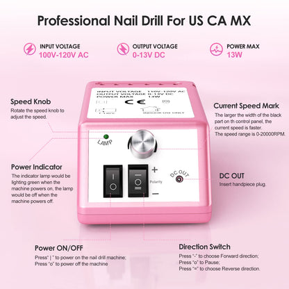 Professional Nail Drill Machine 30000 RPM Efile Electric Nail Filer Kit for Finger Toe Nails, Acrylic Gel Nails, Manicure Pedicure Drill with 6Pcs Nail Bits, 106Pcs Sanding Bands - Pink