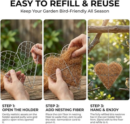 Handmade Fiber Bird Nesting Heart, Refillable Nesting Material for Wild Bird, Hanging Hummingbird Houses Nest Outdoor Garden Art Birdhouse Decortion Gifts for Bird/Nature Lovers