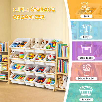 Etitlly Kids Toy Storage Organizer with Bookshelf – Wooden Shelf with 16 Bins & 6 Shelves, Quick Assembly Storage Rack for Playroom, Bedroom, Nursery - White