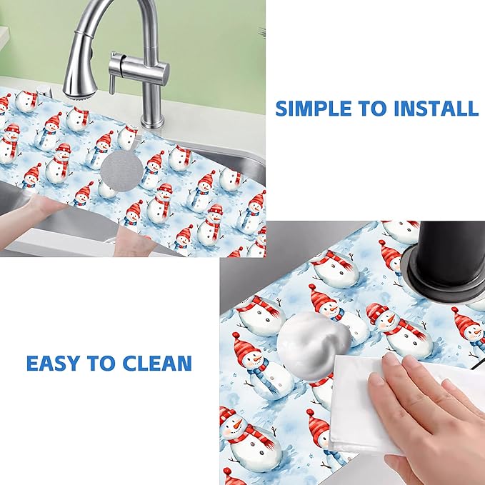 Christmas Snowman with Hat Kitchen Sink Splash Guard Mat Absorbent Fast Drying