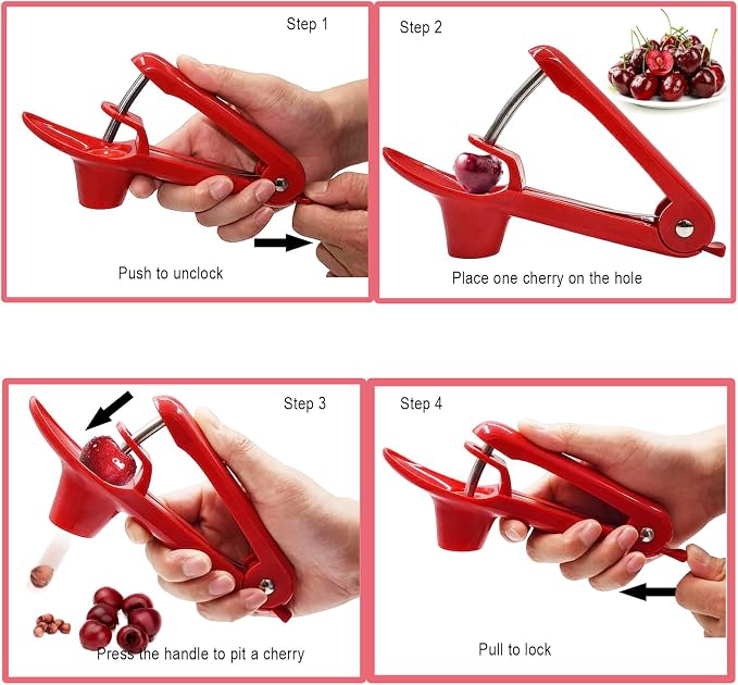 Cherry Pitter Tool, Heavy-Duty Stainless Steel Pitting Tool, Portable Cherries Corer Stoner Seed Tool with Lock Design, Fruit Pit Remover for Cherry Jam (Red)