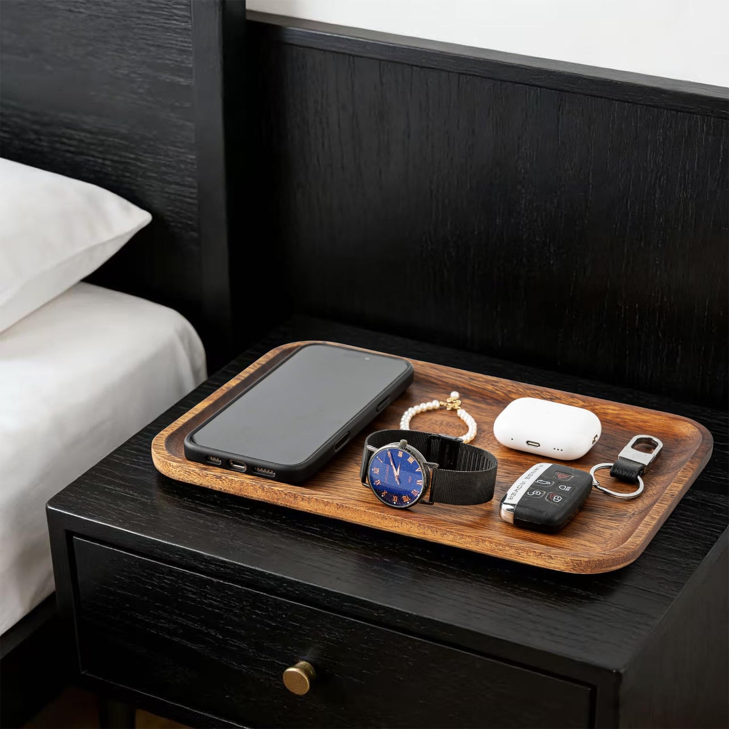 2PCS Serving Wood Valet Tray for Men Women, Catch All Acacia Mens Key Dump Bedside Nightstand Organizer EDC Decorative Wooden Tray for Phone Watch Wallet Keys