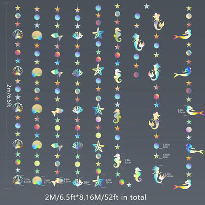 8 String Blingbling Rainbow Under The Sea Streamer Party Banner Decoration Kids Mermaid Birthday Decor Shell Coral Ocean Theme Baby Shower Garlands Photograph Backdrop Party Supplies