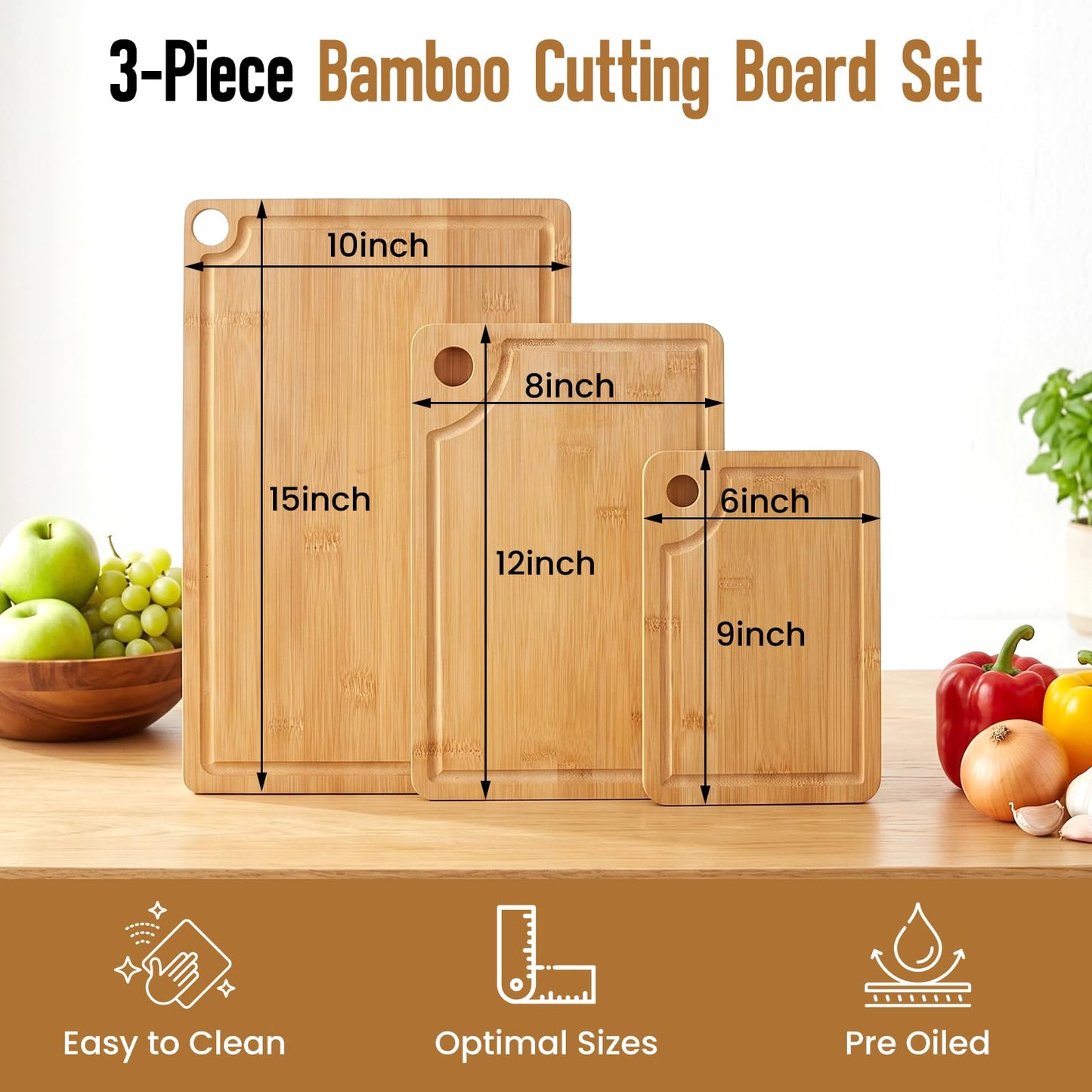 VIVIGU Bamboo Cutting Boards for Kitchen, 3-Piece Wood Cutting Board with Juice Grooves, Durable Wooden Chopping Boards Set for Meal Prep, Meat, Vegetables, Fruits, Serving, Kitchen Essentials