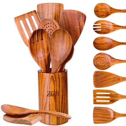 Wooden Spoons for Cooking - 9 Pieces Natural Teak Wood Kitchen Utensils Set with Utensil Holder & Spoon Rest - Durable Heat Resistant, Safe, Smooth Curved Grip - Non-Scratch & Non-Stick Spatula