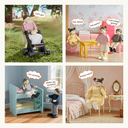 Tiny Land Wooden Dollhouse People Set, 5-Piece Poseable Wooden Doll Family with Dad, Mom, Brother, Sister, Baby and Stroller, Dollhouse Accessories Toy Pretend Play Gift for Kids Ages 3+