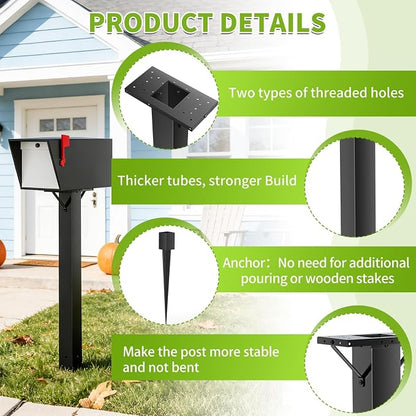 BOUGOON Black Metal Mailbox Post for Outside,43x 4X 4 inch Heavy Duty In-Ground Mounting Post with Anchor for Easy Install Mailbox Use