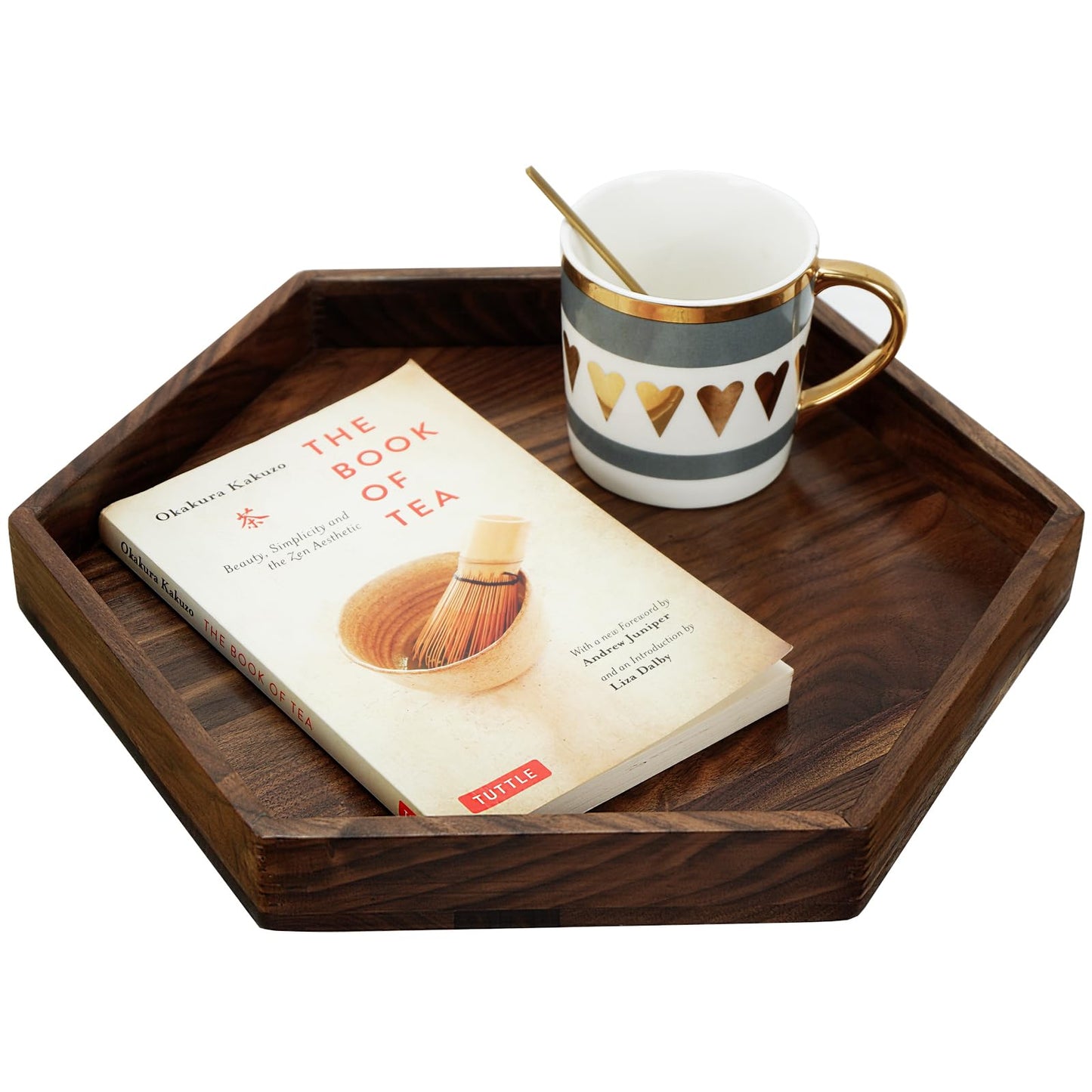MAGIGO 12 Inches Small Hexagonal Black Walnut Wood Ottoman Tray with Handles, Serve Tea, Coffee Classic Wooden Decorative Serving Tray