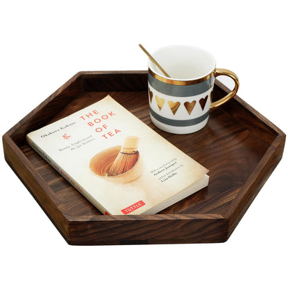 MAGIGO 12 Inches Small Hexagonal Black Walnut Wood Ottoman Tray with Handles, Serve Tea, Coffee Classic Wooden Decorative Serving Tray