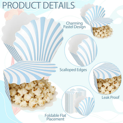 LemonRoad 24 Pcs Scalloped Blue Striped Popcorn Boxes Shell Last Toast on the Coast Party Favor Blue Seashell Treat Boxes for Coastal Beach Mermaid Themed Supplies Ocean Under the Sea Party Favors