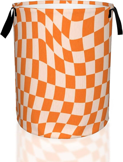 Groovy Retro Wavy Checkered Orange Laundry Basket, Waterproof Foldable Laundry