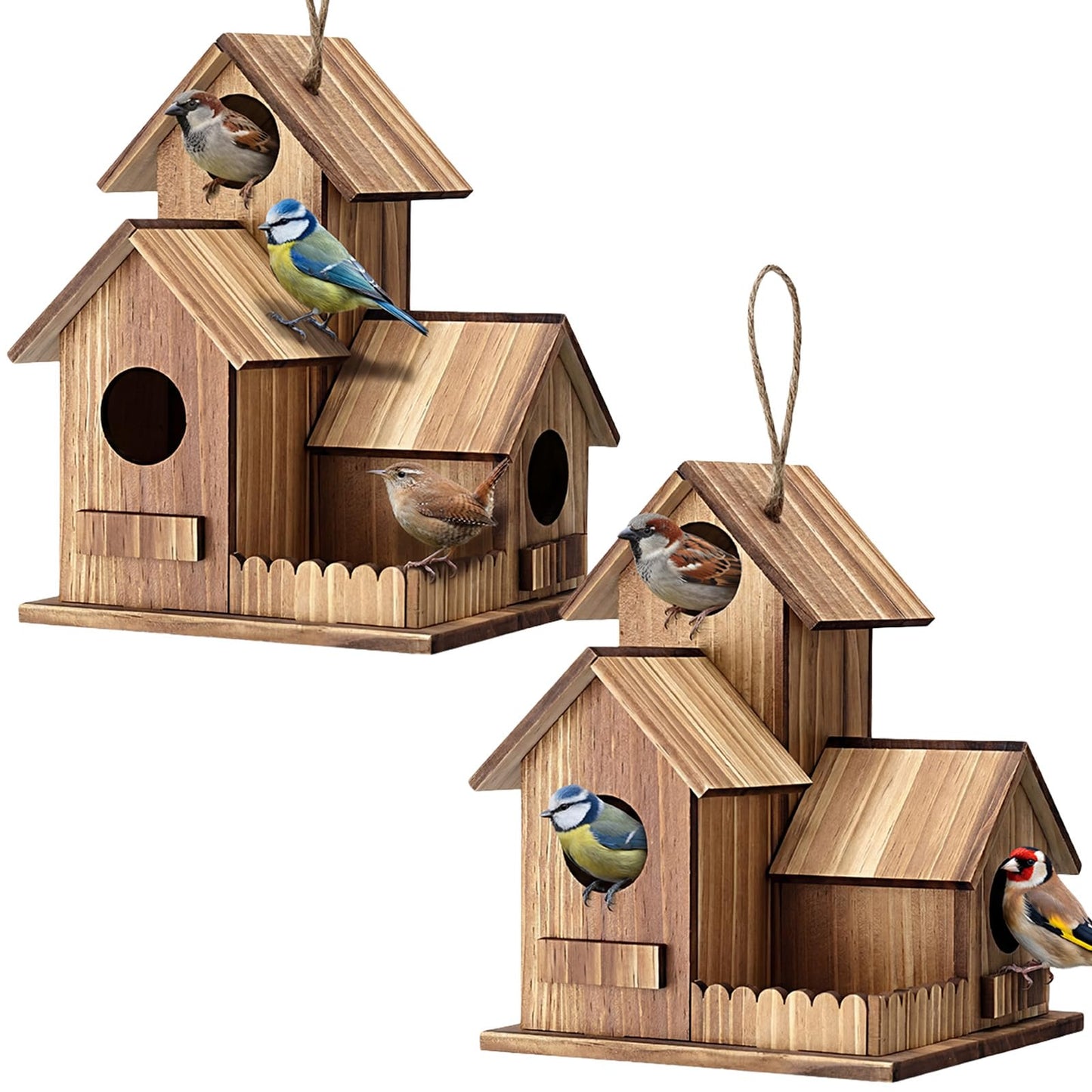 AceOrbit 2 Pcs Bird Houses for Outside 3 Hole Wooden Bird House 7.48 x 5.91 x 5.91 Garden Backyard Decor Weather Resistant Birds Shelter Rustic Outdoor Hanging Birdhouse for Bluebird Finche Cardinal